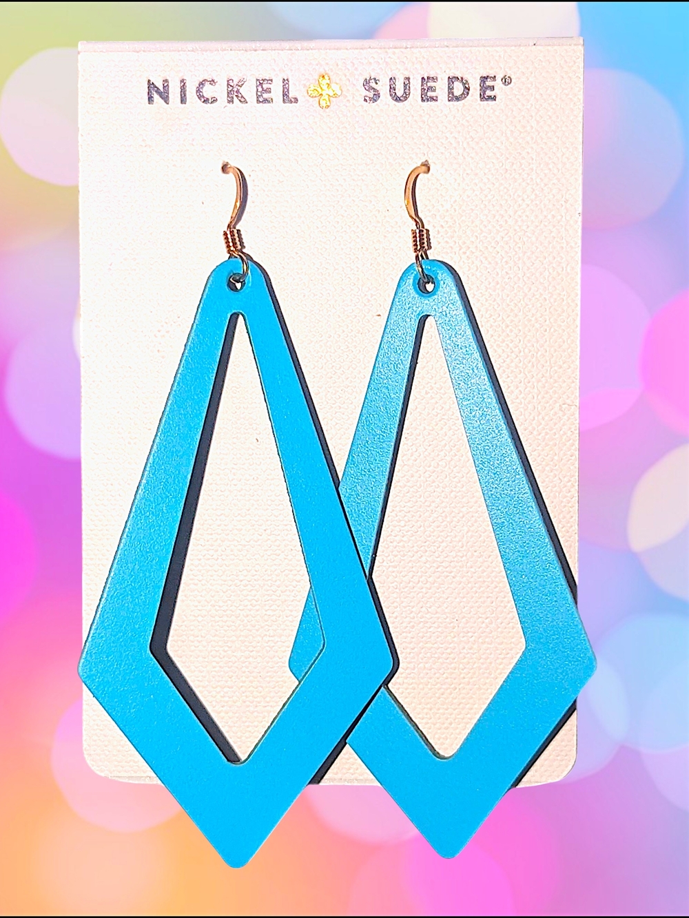 NEW Nickel & Suede Blue/Teal Geometric Drop Earrings Gold Hardware